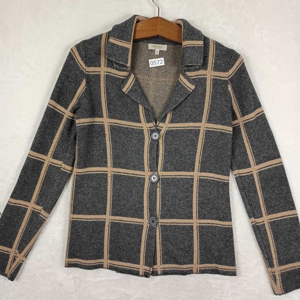 Bartolini Cardigan Sweater Womens S Gray Plaid Wool Cashmere Blend Italy Gorp
